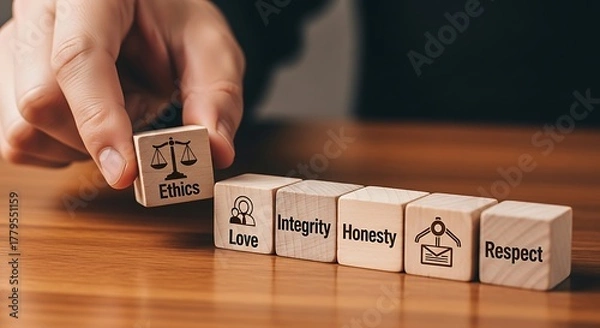 Fototapeta Hand stacking wooden blocks with virtues like ethics, love, integrity, honesty, respect