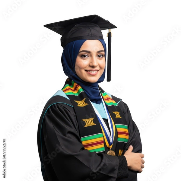Fototapeta Smiling muslim woman in graduation cap and gown isolated on transparent background