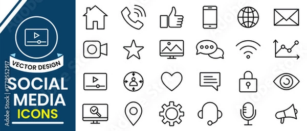 Fototapeta Social media icons. Outline icon of social media related such as like, phone, massage, chat, mobile, location, setting, microphone. Vector illustration.