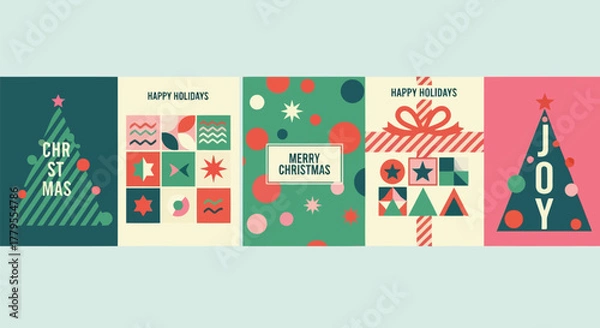 Fototapeta Vector illustration of collection of five festive christmas and happy holidays greeting cards with geometric patterns, trees, and gift boxes