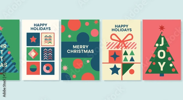 Fototapeta Vector illustration of set of five festive christmas and happy holidays greeting cards featuring geometric designs, trees, and gift boxes