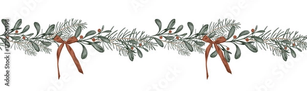 Fototapeta Horizontal seamless border with hand drawn illustration of green branch of fir tree and holly with red berry. Frame with red bows for New year or Christmas design in muted tones