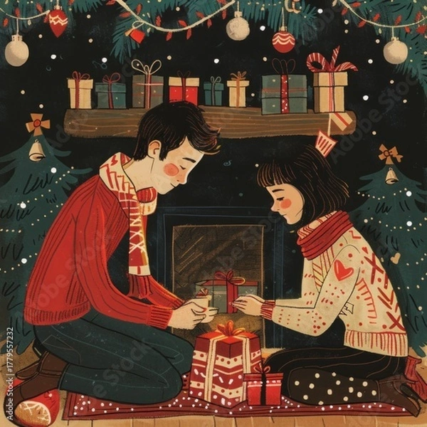 Fototapeta a couple exchanging gifts under the christmas tree, romantic cozy atmosphere