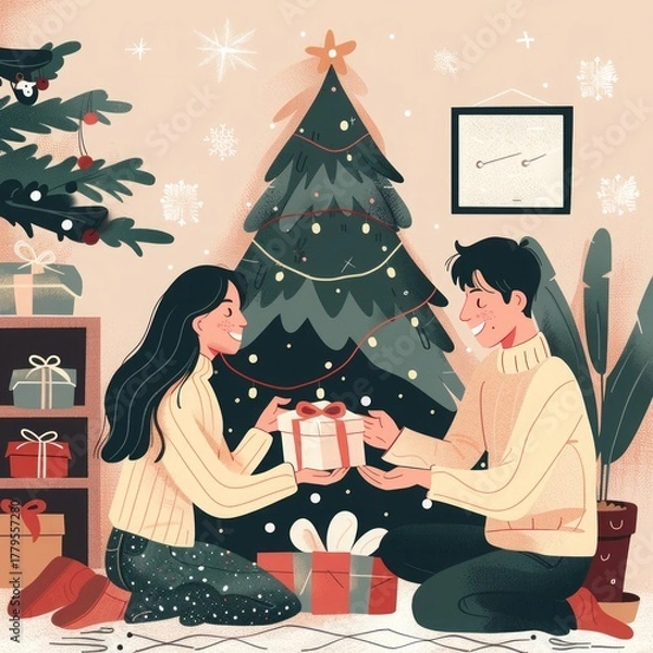 Fototapeta a couple exchanging gifts under the christmas tree, romantic cozy atmosphere