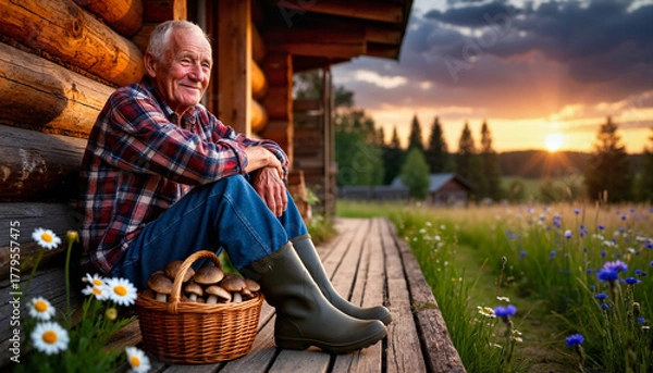 Obraz Elderly man sitting on porch with mushroom basket during sunset  