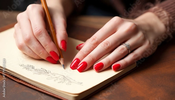 Obraz Woman with red nails writing in a notebook on a wooden table  