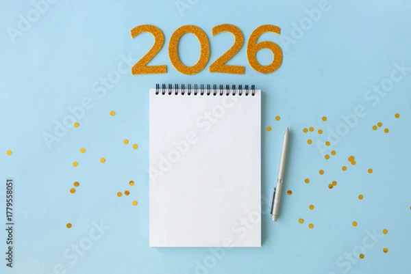 Obraz New Year 2026 planning concept with notebook and golden numbers for your goals, plans, resolutions. Flat lay style. Christmas planning concept with space for text
