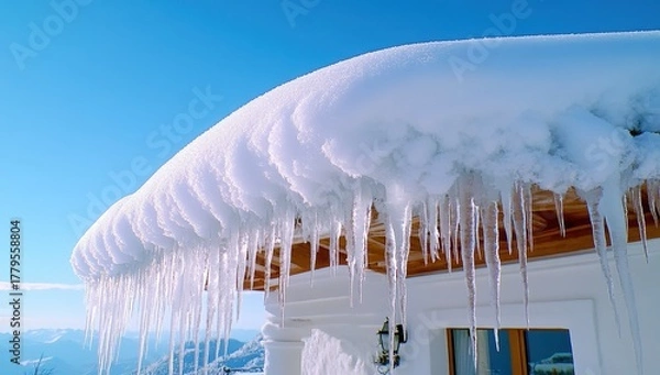 Fototapeta Long icicles hang from a snow-covered roofline, creating a beautiful winter scene under a clear blue sky