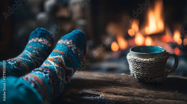 Fototapeta Cozy hygge inspired scene with warm socks and hot drink by the fireplace