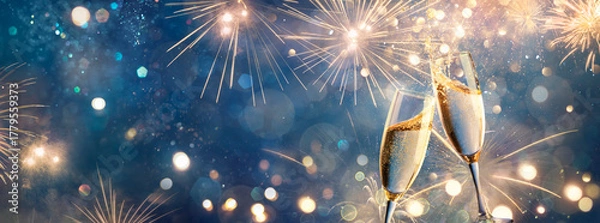 Fototapeta Champagne Toast - Happy New Year - Flutes With Golden Fireworks In Abstract Night With Defocused Bokeh Lights for Anniversary Celebration