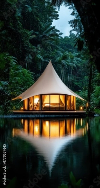 Fototapeta Luxury glamping tent nestled on tranquil lake, surrounded by lush rainforest at night