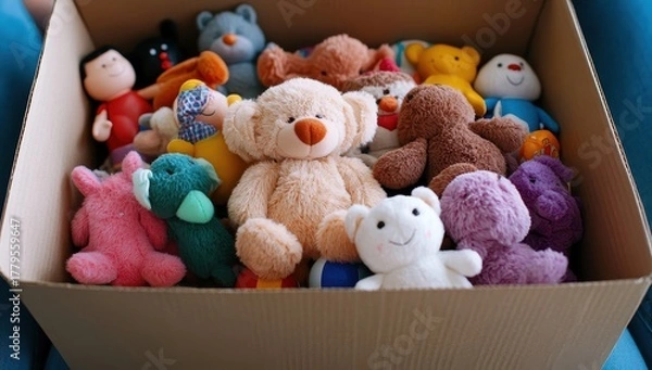 Fototapeta A cardboard box overflows with a delightful collection of soft, cuddly stuffed animals of various shapes, colors, and sizes, perfect for donation or a child's playroom