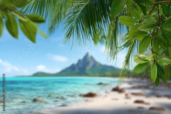 Obraz Tropical beach scene, framed by leaves, with a mountain in the hazy background