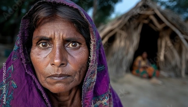 Fototapeta A weathered woman, her face etched with life's hardships, stares intensely from beneath a purple shawl, a rustic hut blurred in the background