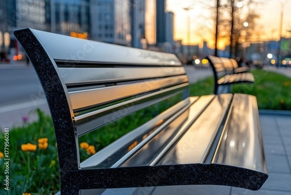 Fototapeta Sleek, modern metallic bench sits outdoors at sunset, reflecting city lights