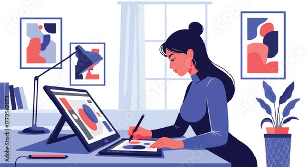 Fototapeta Flat vector illustrator using digital drawing tablet with floating graphic layers around. Creative digital art workflow