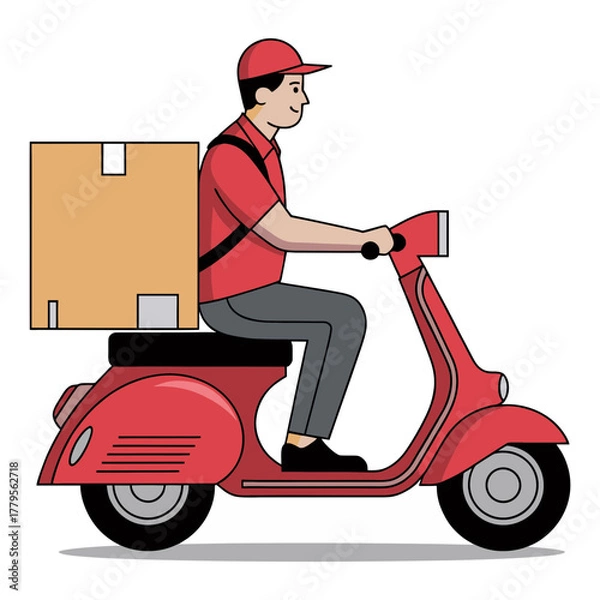 Fototapeta Delivery Man on Scooter with Package.