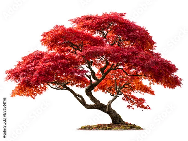 Fototapeta Vibrant red Japanese maple tree in full autumn foliage, isolated on transparent cutout background