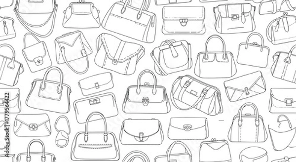 Fototapeta Elegant black and white line art seamless pattern featuring a diverse collection of women's handbags and purses for fashion and textiles.