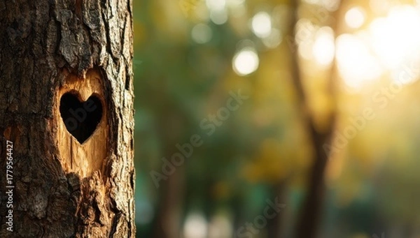 Obraz A heart-shaped hole in a tree trunk, with blurred green forest and sunlight in the background