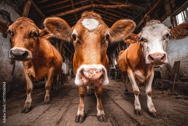 Obraz Three cows stand close in a rustic barn, looking directly at the viewer with curious expressions