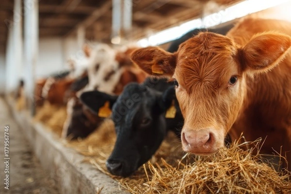 Obraz Close-up of several young cows feeding on hay in a barn, with sunlight streaming in