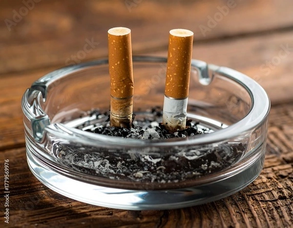 Obraz Two extinguished cigarettes stand in a glass ashtray filled with ash and butts on a wooden surface