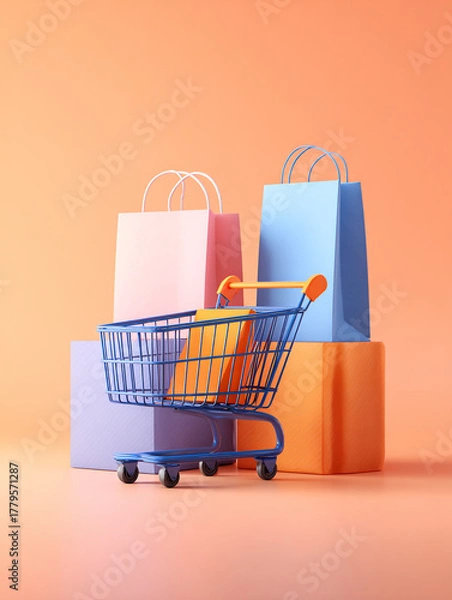 Fototapeta A Vibrant Composition Featuring Shopping Bags and A Blue Shopping Cart in a Studio Setting
