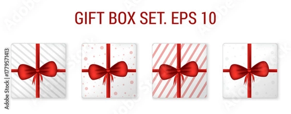 Fototapeta Gift box set. EPS 10. White gift boxes with red ribbon and print.
