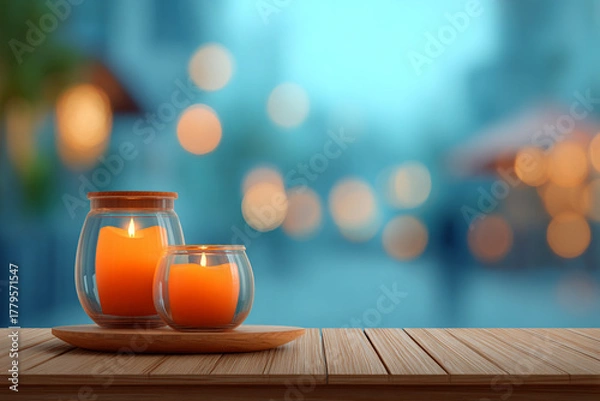 Fototapeta Candlelit Scene, Two Lit Candles in Glass Jars on A Wooden Surface Against a Bokeh Background