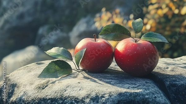 Fototapeta Vibrant red apples on stone surface