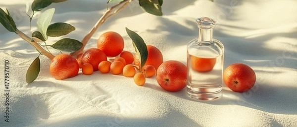 Fototapeta Vibrant Red Apples and Kumquats with Bottle