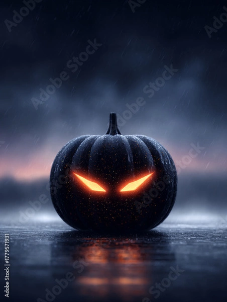Fototapeta Sinister Pumpkin Illuminated by Glowing Eyes in a Dark and Rainy