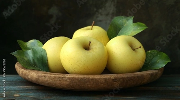 Fototapeta Vibrant Yellow Apples with Fresh Green Leaves