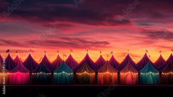 Fototapeta Colorful background with row of carnival tents and bright pink sunset sky with festive lights