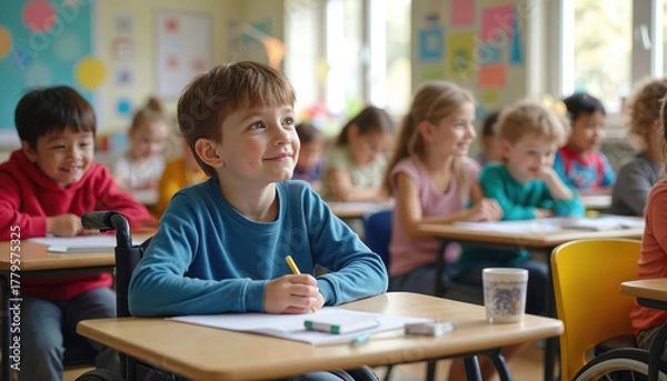Fototapeta Children sit at desks in classroom. Boy in blue shirt holds pencil, uses assistive technology. Kids of different ethnicities learn together. Inclusive education environment with diverse students.