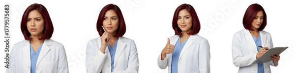 Fototapeta Cutout of a 25-year-old female doctor in multiple poses – focused, thoughtful, confident thumbs-up, clipboard – isolated on transparent background. Ideal for healthcare ads, medical education,