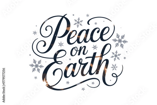 Fototapeta Peace on Earth handwritten lettering with snowflakes and sparkles