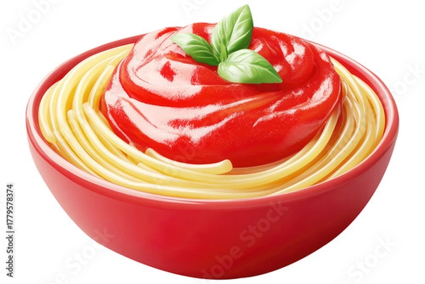 Fototapeta Delicious 3d spaghetti icon with tomato sauce and fresh basil on a transparent background transparent background