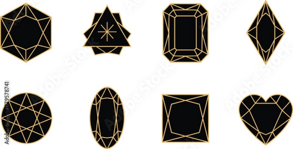 Fototapeta Geometric gemstone icons, gold outline on black, faceted shapes, vector illustration, jewelry design elements, abstract cuts, decorative symbol set