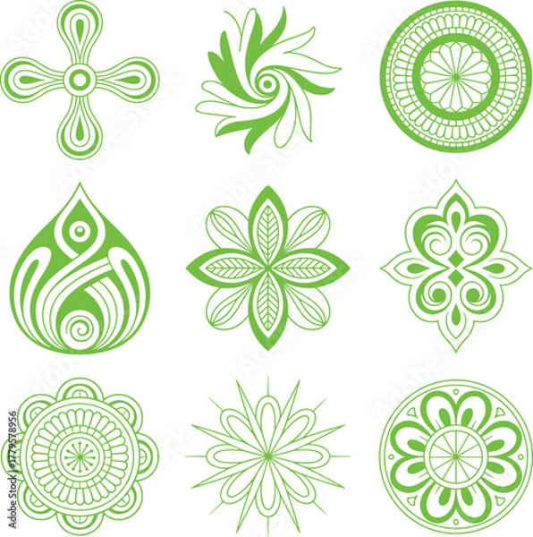 Fototapeta Green mandala motif set, symmetrical decorative patterns, radial floral and geometric designs, vector illustration, cultural ornament grid, artistic embellishment