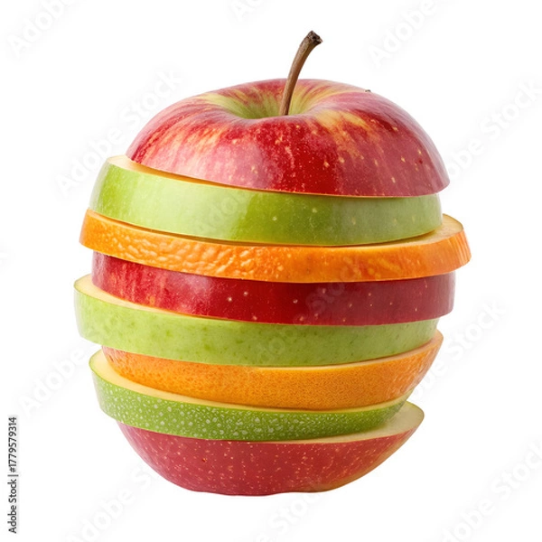 Fototapeta Stacked Fruit Slices Forming an Apple Shape with Red, Green, and Orange Layers, Isolated on White Background