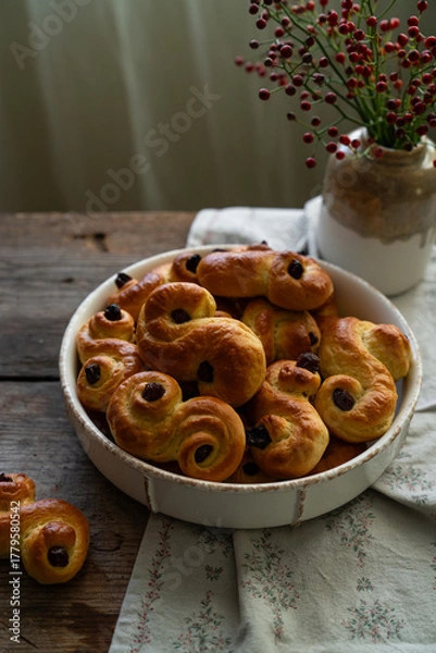 Fototapeta Homemade Swedish saffron buns on wooden table. Traditional treat eaten on Saint Lucia Day and during Advent. Spiced with saffron and decorated with raisins.