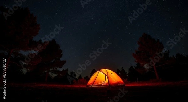 Obraz Glowing orange tent illuminated at night in a dark forest with stars above