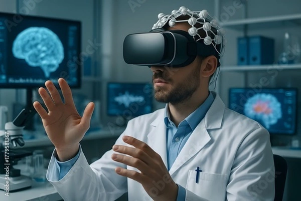 Fototapeta Scientist using virtual reality for brain research and data analysis in modern laboratory setting