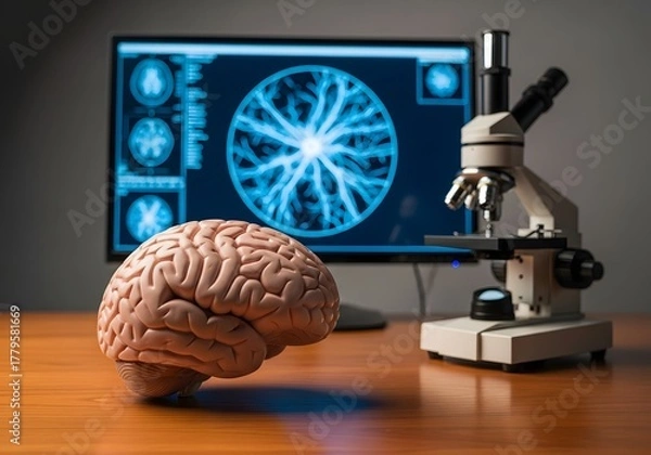 Fototapeta Human brain model and microscope for neurological research and medical study concept