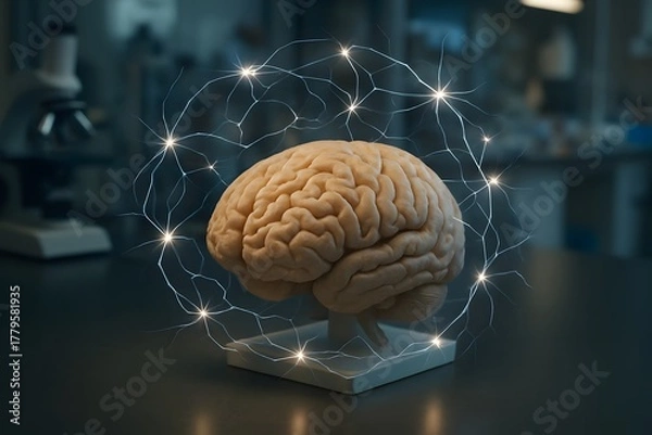 Fototapeta Human brain model surrounded by glowing neural network in a laboratory setting