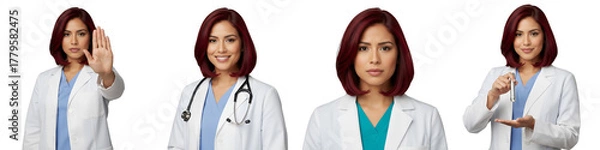 Fototapeta Four professional female doctors, isolated on transparent background. Diverse poses: 'stop' gesture, confident smile, empathy, and penlight use. Ideal for medical branding, health campaigns,