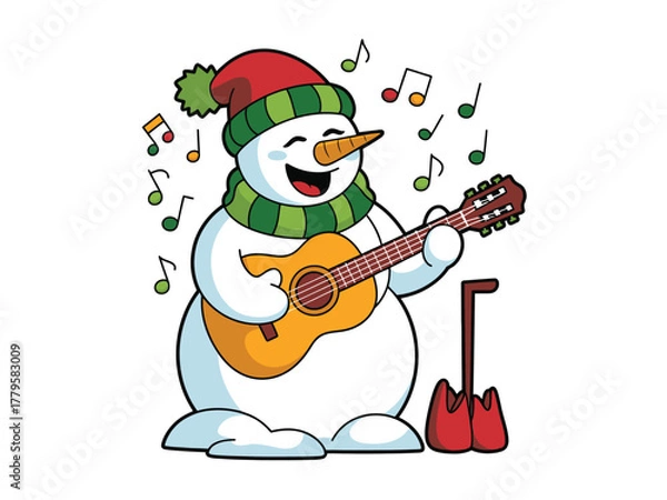 Fototapeta A cheerful snowman plays a guitar and sings surrounded by musical notes.