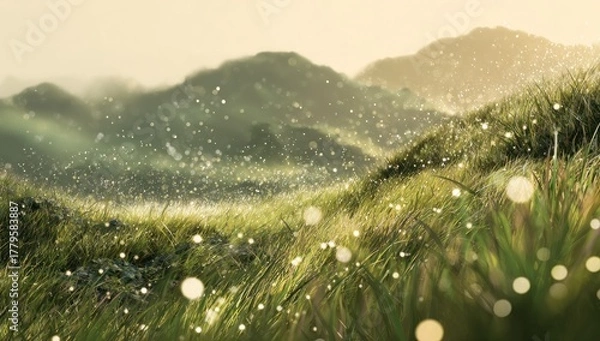 Fototapeta Lush Green Hills with a Dreamy, Ethereal Atmosphere and Bokeh Lights.